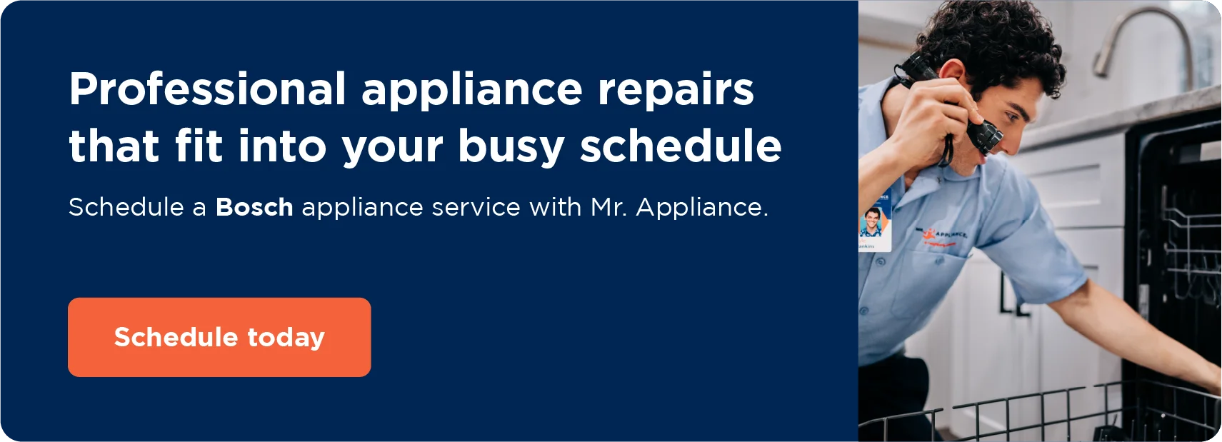  Graphic explaining how to schedule Bosch appliance repair with Mr. Appliance.