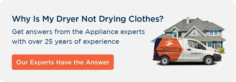 Clickable image about dryers not drying depicting a Mr. Appliance truck in front of a home.
