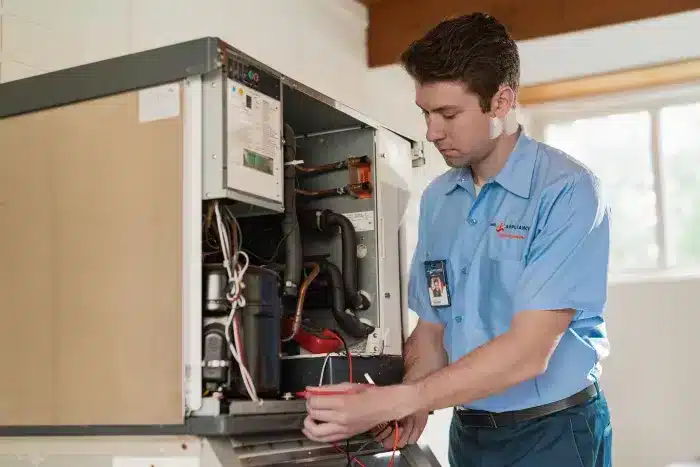 Uniformed Mr. Appliance service professional testing electrical components on an ice machine with a multimeter.