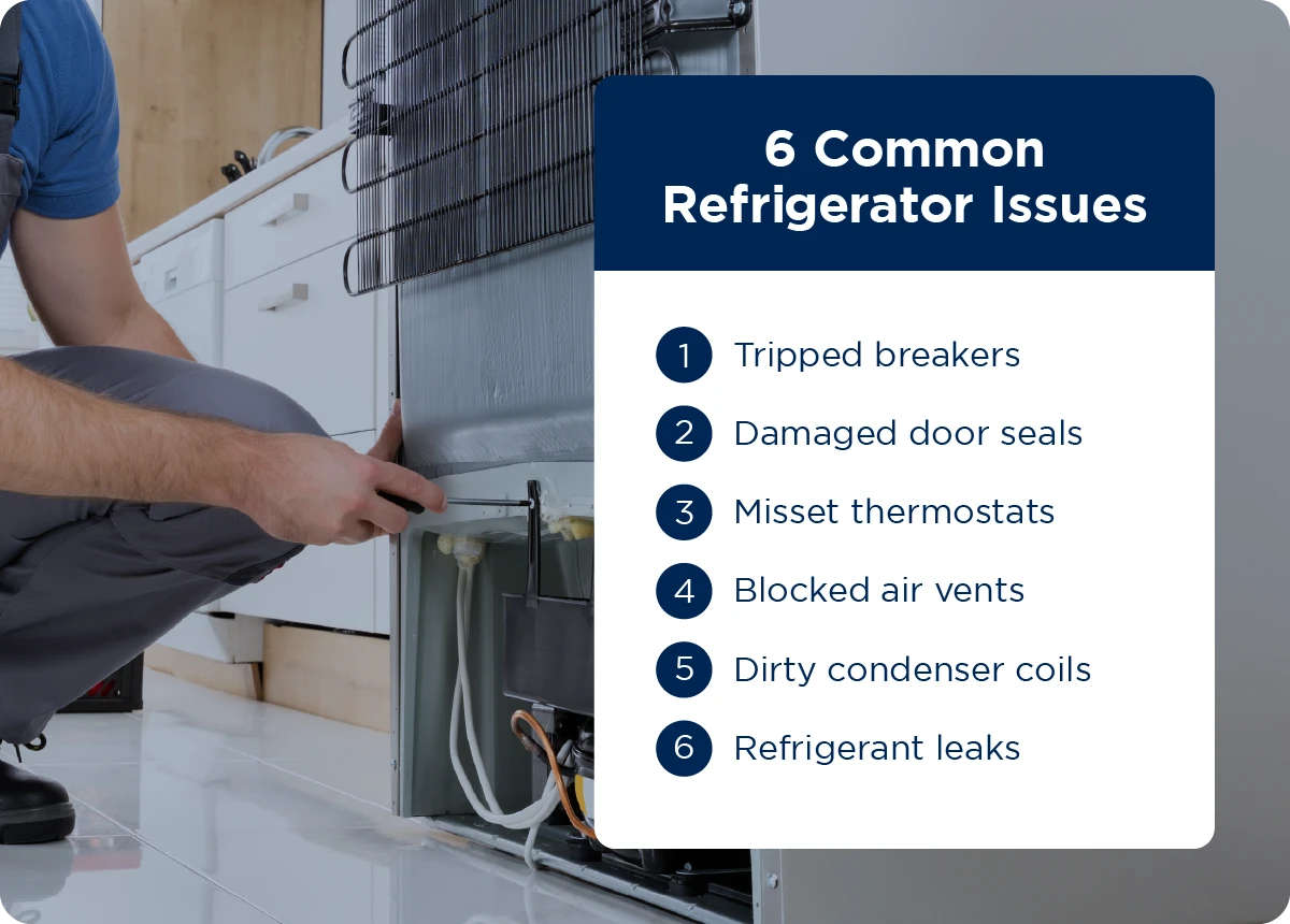 List of common refrigerator issues.