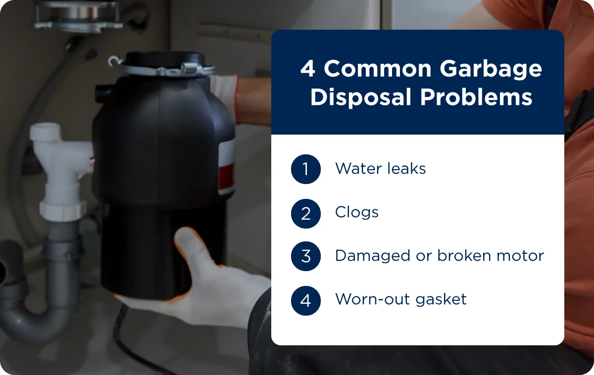 Common garbage disposal problems include water leaks, clogged, damaged motors, and worn-out gaskets.