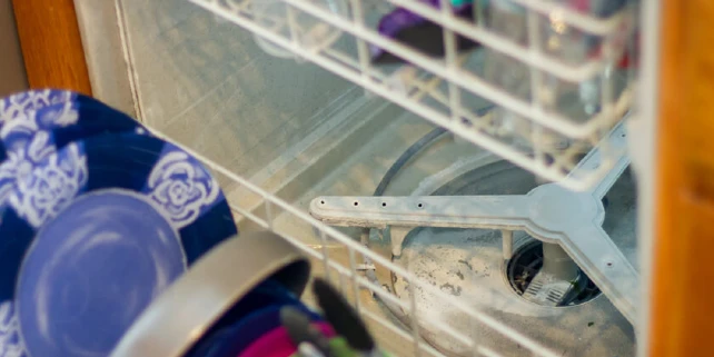 Bottom of a smelly dishwasher with food debris.