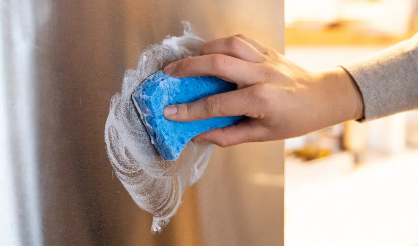 Person cleaning stainless steel appliance