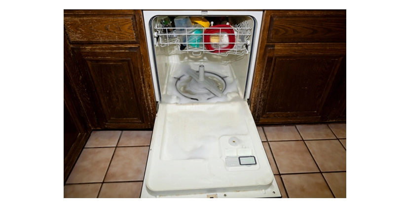 Dish soap inside a dishwasher