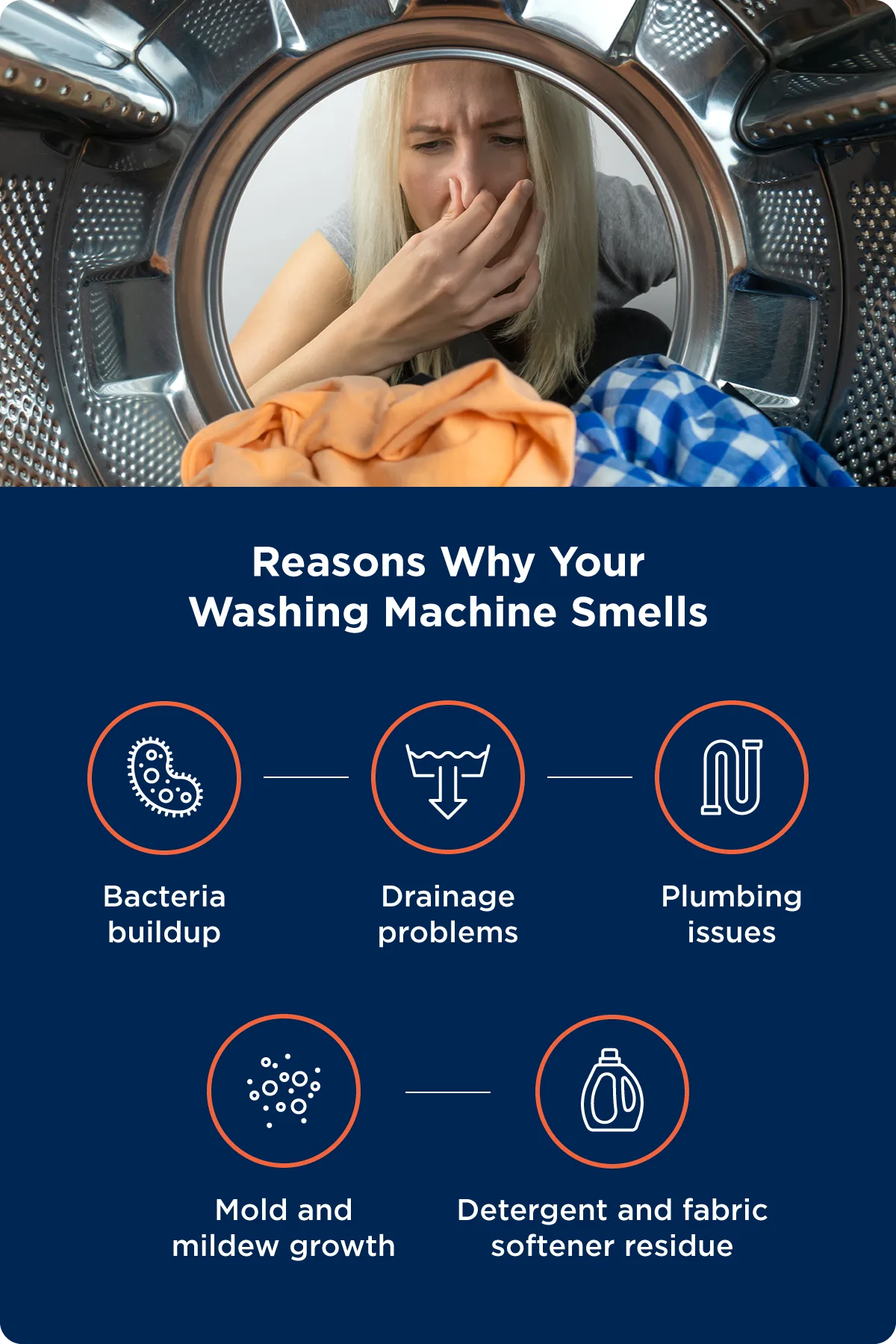 An illustration shows the reasons for washing machine smells.