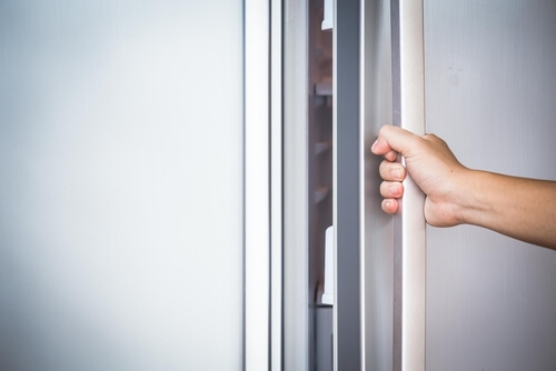 Hand on refrigerator door