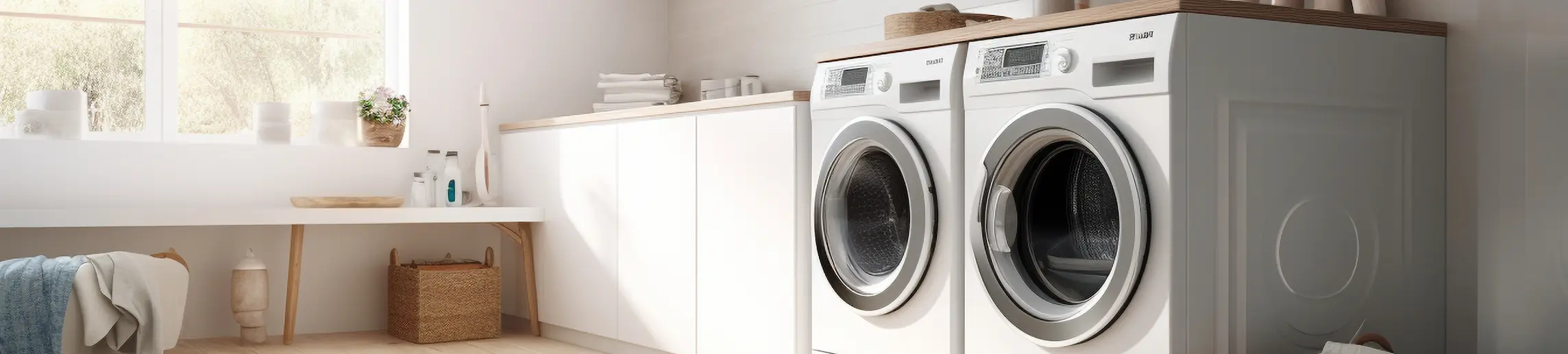 Bright and tidy home laundry room with white washer and dryer.