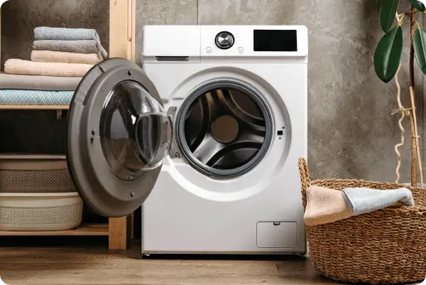 White front-load washing machine with door open/