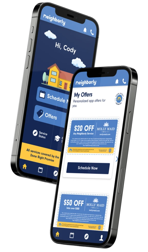 Pair of smartphones displaying Neighborly app homepage and Molly Maid coupons on-screen.