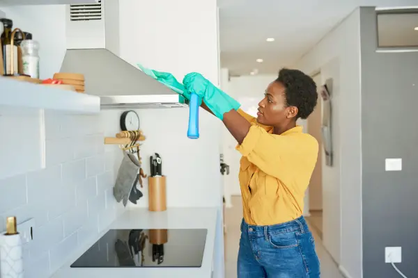 Woman cleaning the top of a vent hood.