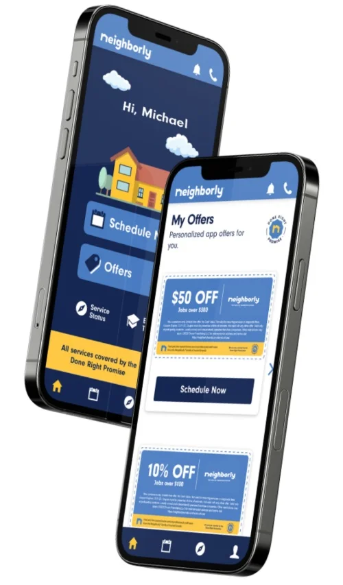 Pair of smartphones displaying Neighborly app homepage and Molly Maid coupons on-screen.