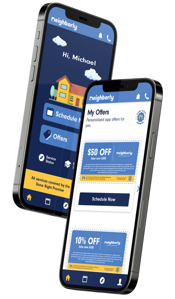 Pair of smartphones displaying Neighborly app homepage with coupons on-screen.