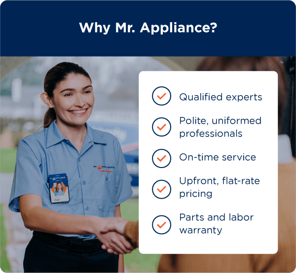 Graphic listing reasons you should hire Mr. Appliance for your Samsung appliance repairs alongside a photo of a Mr. Appliance service professional greeting a customer at the door.